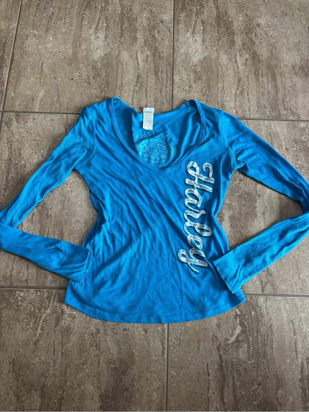 Harley Davidson y2k tight blue long sleeve shirt with silver glitter femme biker